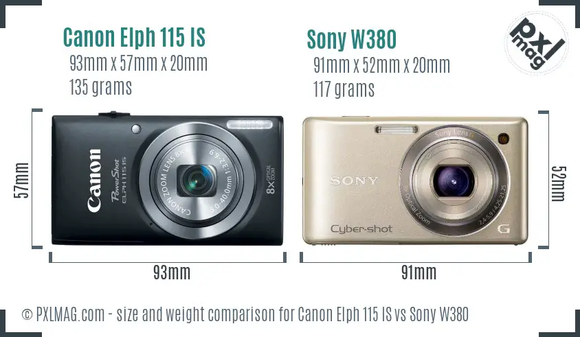 Canon Elph 115 IS vs Sony W380 size comparison