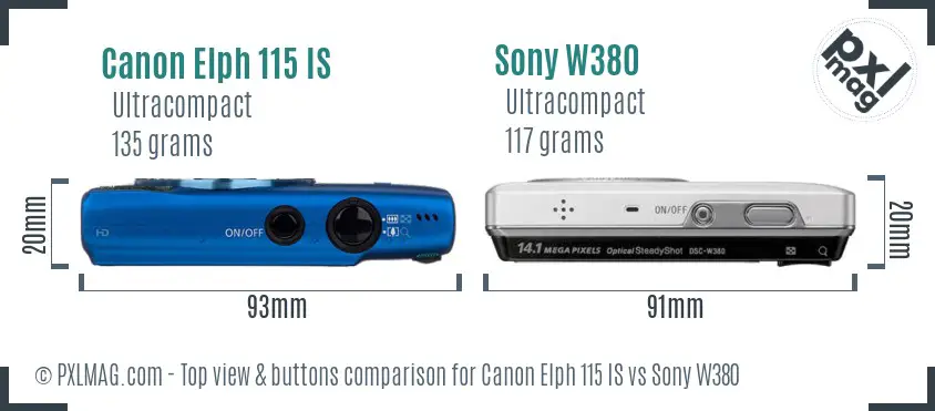 Canon Elph 115 IS vs Sony W380 top view buttons comparison