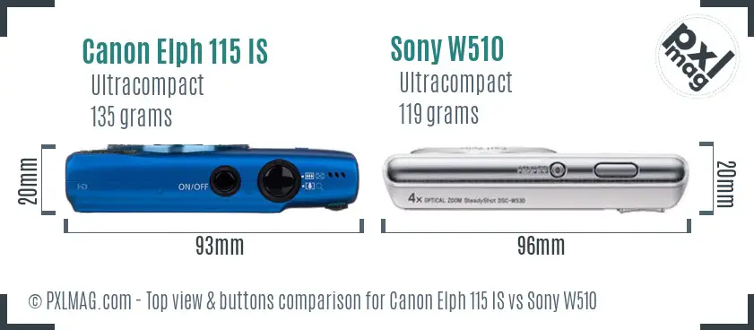 Canon Elph 115 IS vs Sony W510 top view buttons comparison Canon Elph 115 IS vs Sony W510 top view buttons comparison