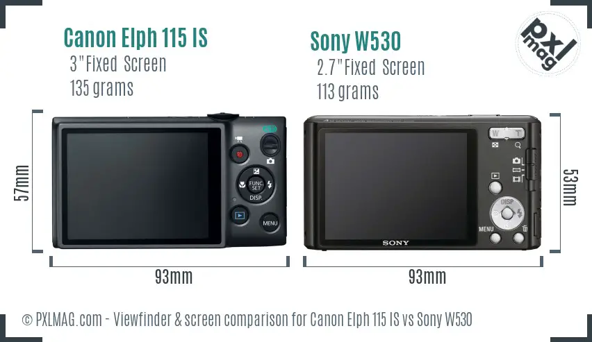 Canon Elph 115 IS vs Sony W530 Screen and Viewfinder comparison