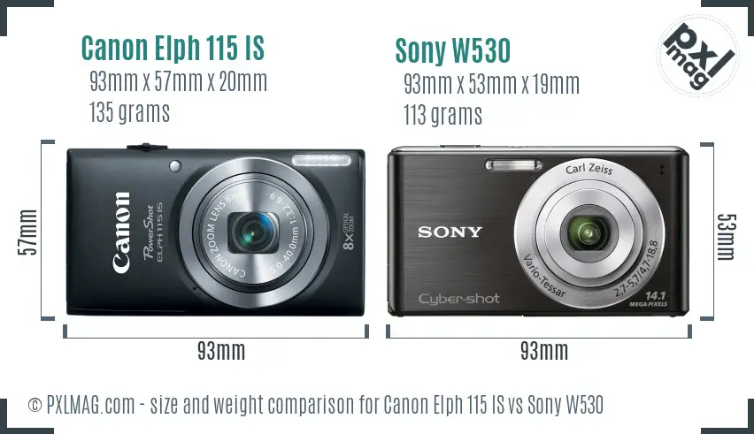 Canon Elph 115 IS vs Sony W530 size comparison