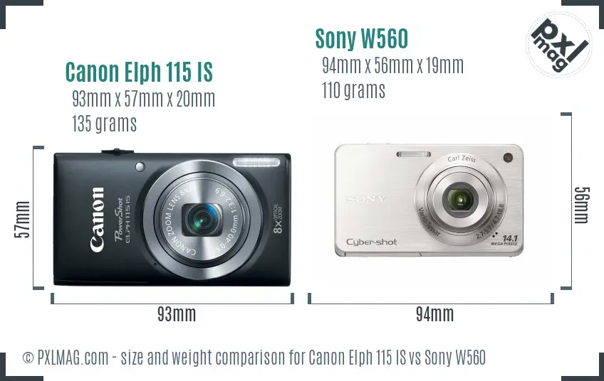 Canon Elph 115 IS vs Sony W560 size comparison