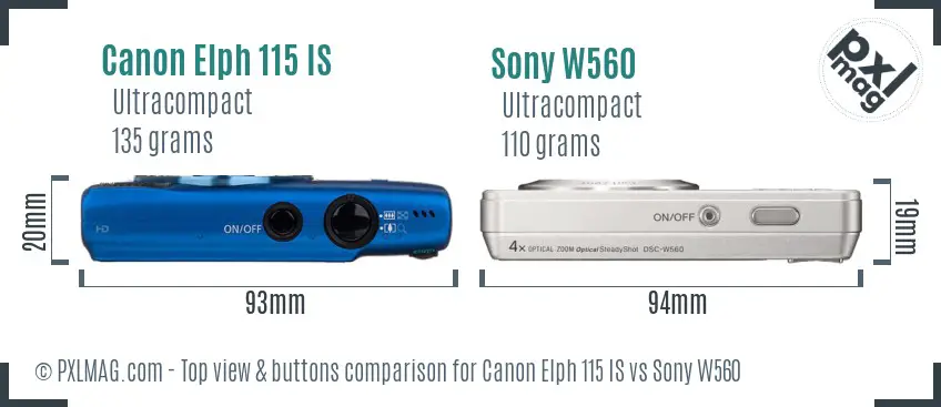 Canon Elph 115 IS vs Sony W560 top view buttons comparison
