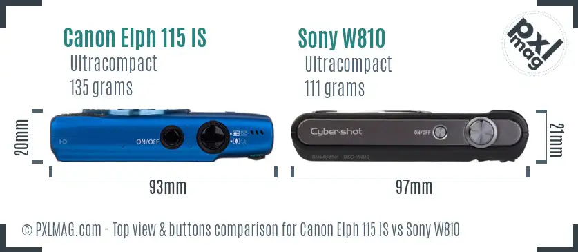 Canon Elph 115 IS vs Sony W810 top view buttons comparison Canon Elph 115 IS vs Sony W810 top view buttons comparison