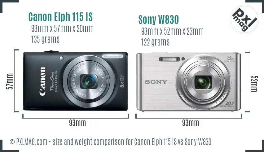 Canon Elph 115 IS vs Sony W830 size comparison