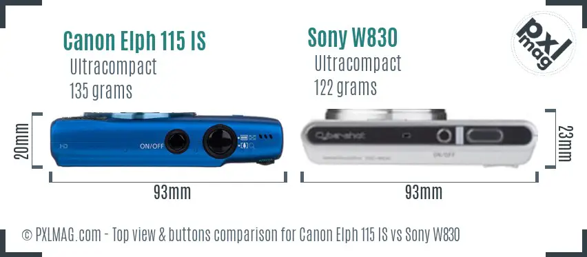 Canon Elph 115 IS vs Sony W830 top view buttons comparison