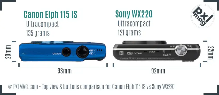 Canon Elph 115 IS vs Sony WX220 top view buttons comparison