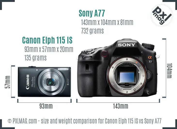 Canon Elph 115 IS vs Sony A77 size comparison Canon Elph 115 IS vs Sony A77 size comparison