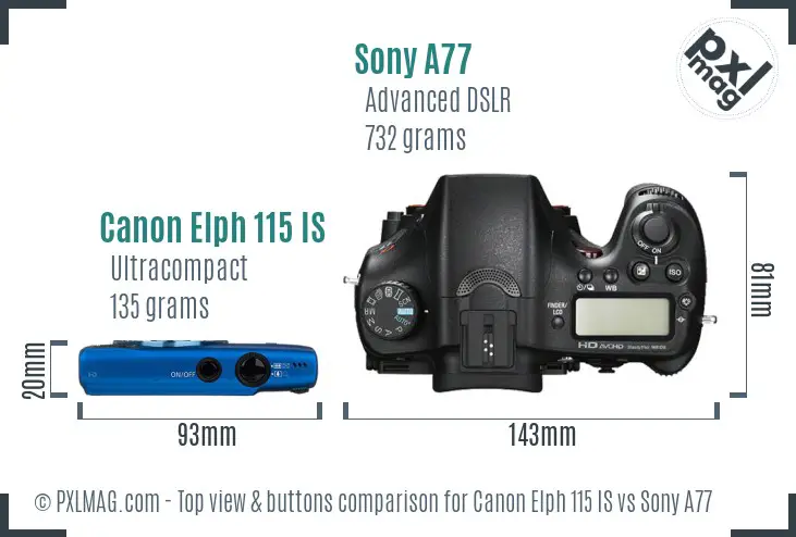Canon Elph 115 IS vs Sony A77 top view buttons comparison Canon Elph 115 IS vs Sony A77 top view buttons comparison