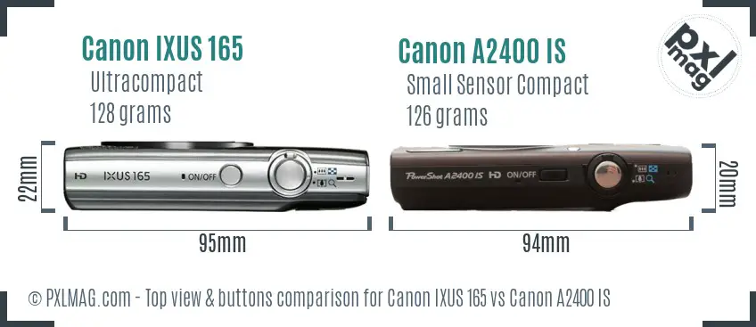 Canon IXUS 165 vs Canon A2400 IS top view buttons comparison