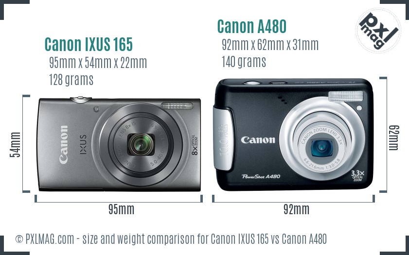 Canon IXUS 165 vs Canon A480 size comparison