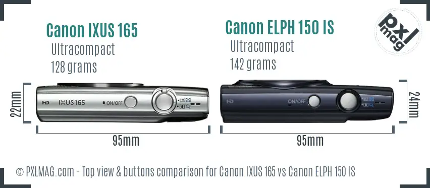 Canon IXUS 165 vs Canon ELPH 150 IS top view buttons comparison