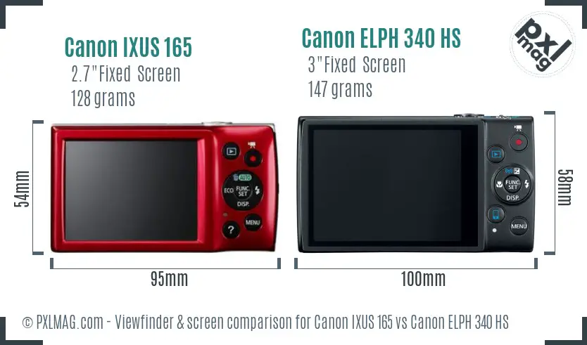 Canon IXUS 165 vs Canon ELPH 340 HS Screen and Viewfinder comparison