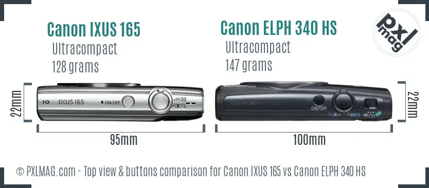 Canon IXUS 165 vs Canon ELPH 340 HS top view buttons comparison