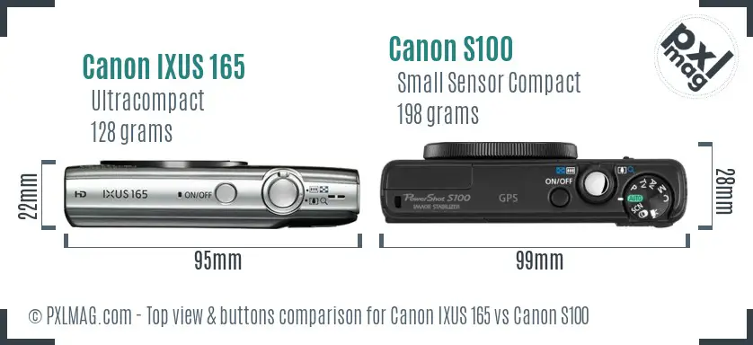 Canon IXUS 165 vs Canon S100 top view buttons comparison Canon IXUS 165 vs Canon S100 top view buttons comparison