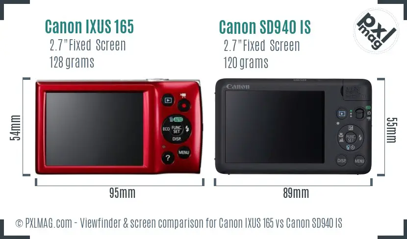 Canon IXUS 165 vs Canon SD940 IS Screen and Viewfinder comparison