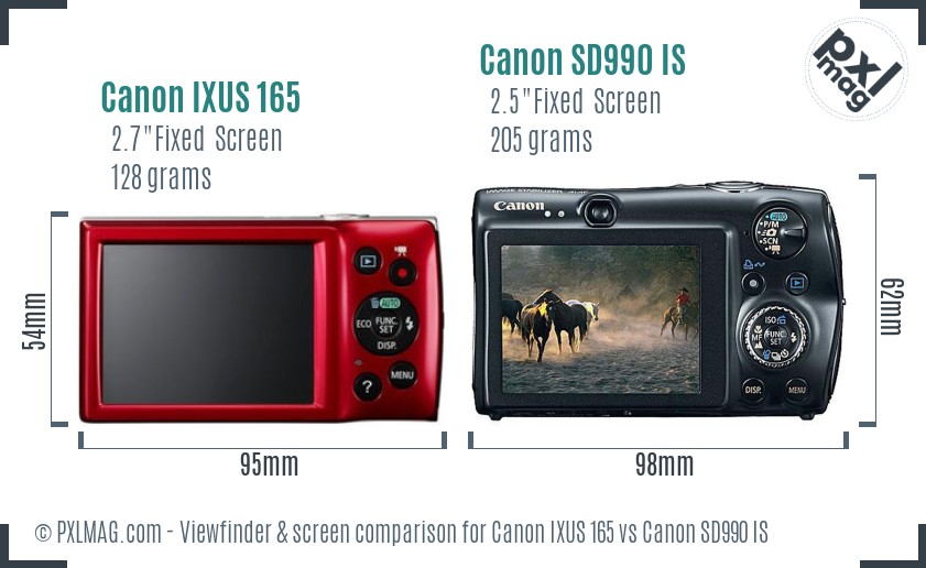 Canon IXUS 165 vs Canon SD990 IS Screen and Viewfinder comparison