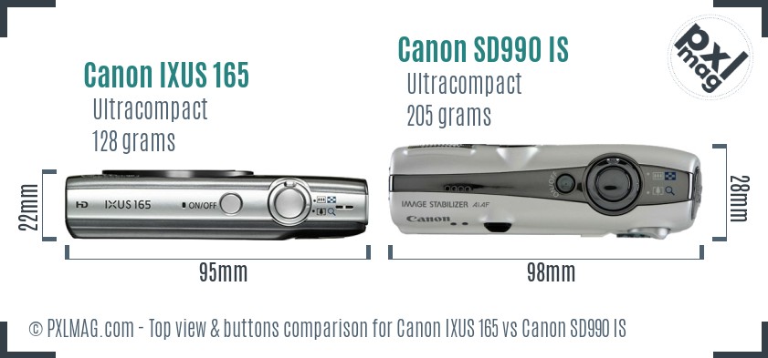 Canon IXUS 165 vs Canon SD990 IS top view buttons comparison
