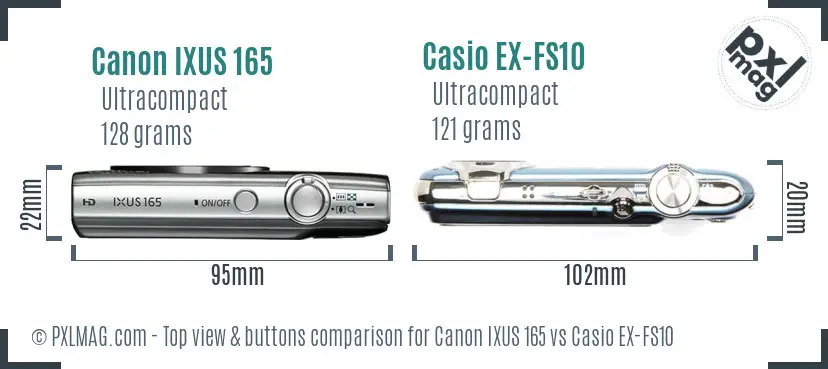 Canon IXUS 165 vs Casio EX-FS10 top view buttons comparison