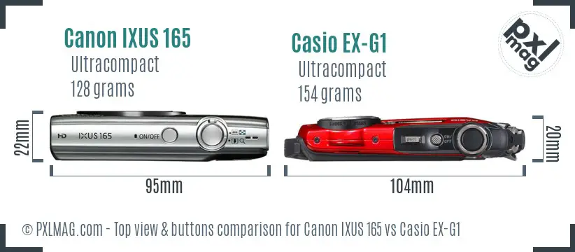 Canon IXUS 165 vs Casio EX-G1 top view buttons comparison