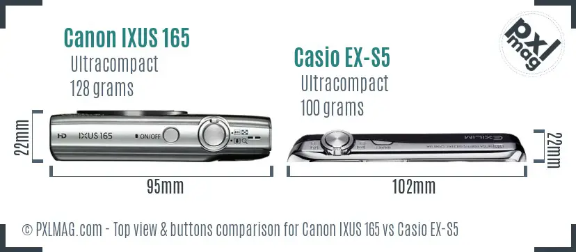 Canon IXUS 165 vs Casio EX-S5 top view buttons comparison