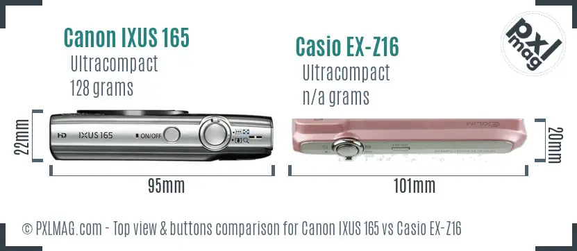 Canon IXUS 165 vs Casio EX-Z16 top view buttons comparison Canon IXUS 165 vs Casio EX-Z16 top view buttons comparison
