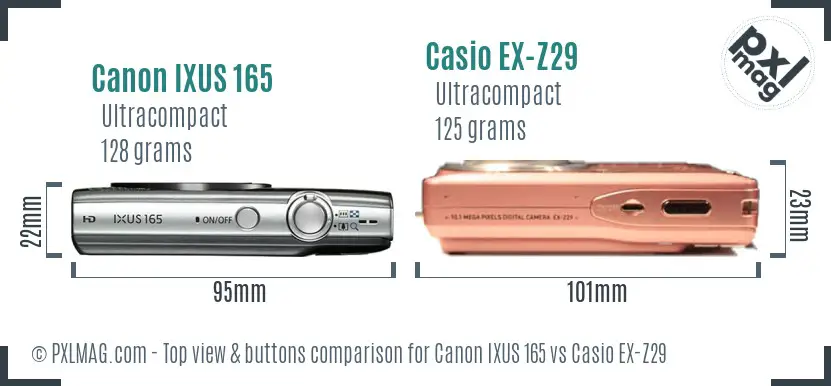 Canon IXUS 165 vs Casio EX-Z29 top view buttons comparison