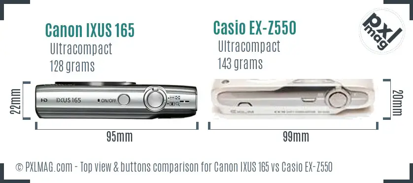 Canon IXUS 165 vs Casio EX-Z550 top view buttons comparison