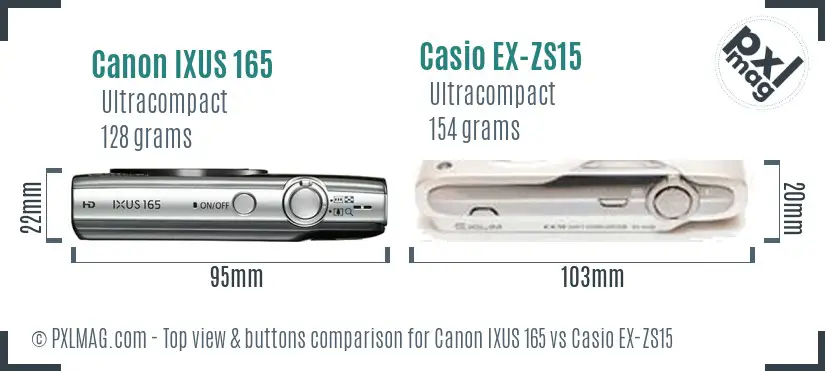 Canon IXUS 165 vs Casio EX-ZS15 top view buttons comparison