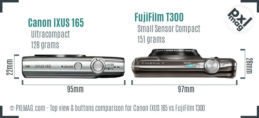 Canon IXUS 165 vs FujiFilm T300 top view buttons comparison