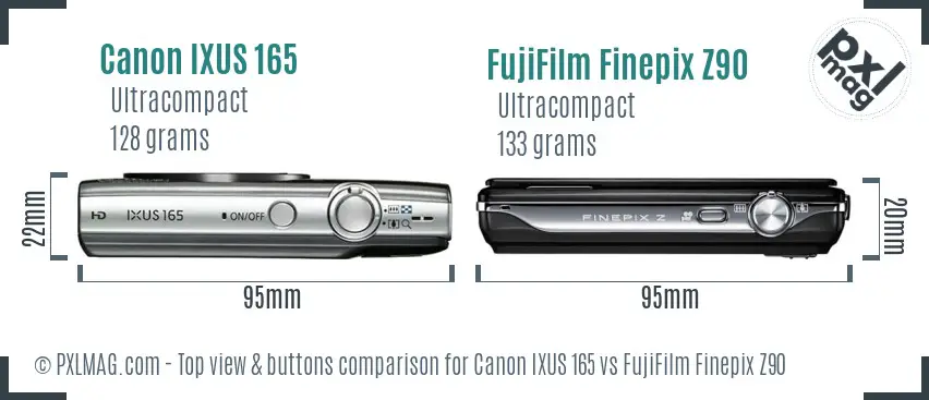 Canon IXUS 165 vs FujiFilm Finepix Z90 top view buttons comparison