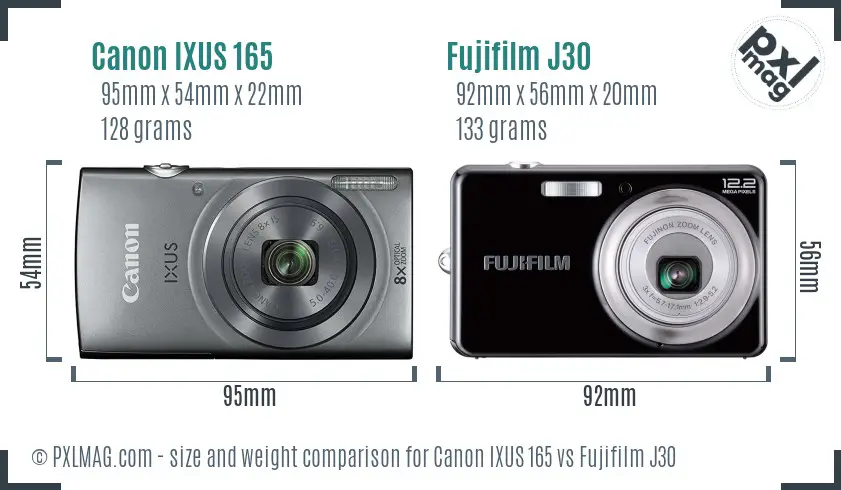 Canon IXUS 165 vs Fujifilm J30 size comparison