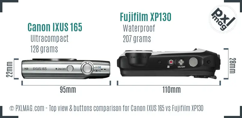 Canon IXUS 165 vs Fujifilm XP130 top view buttons comparison