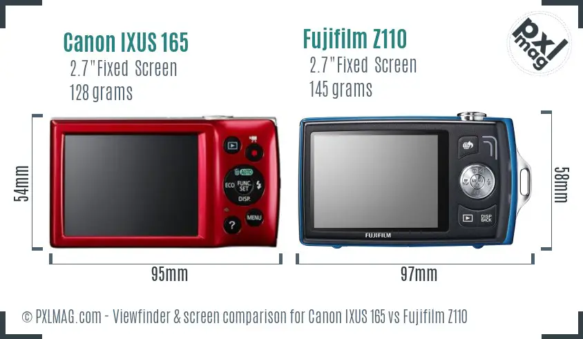 Canon IXUS 165 vs Fujifilm Z110 Screen and Viewfinder comparison