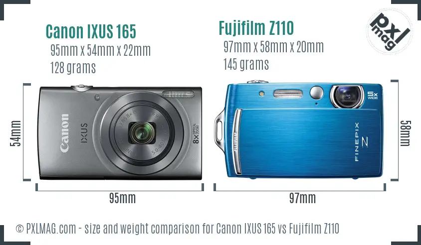 Canon IXUS 165 vs Fujifilm Z110 size comparison