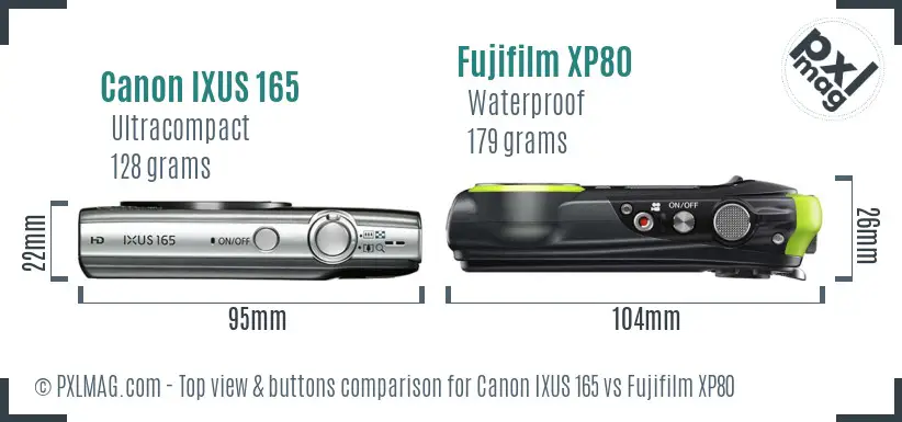 Canon IXUS 165 vs Fujifilm XP80 top view buttons comparison