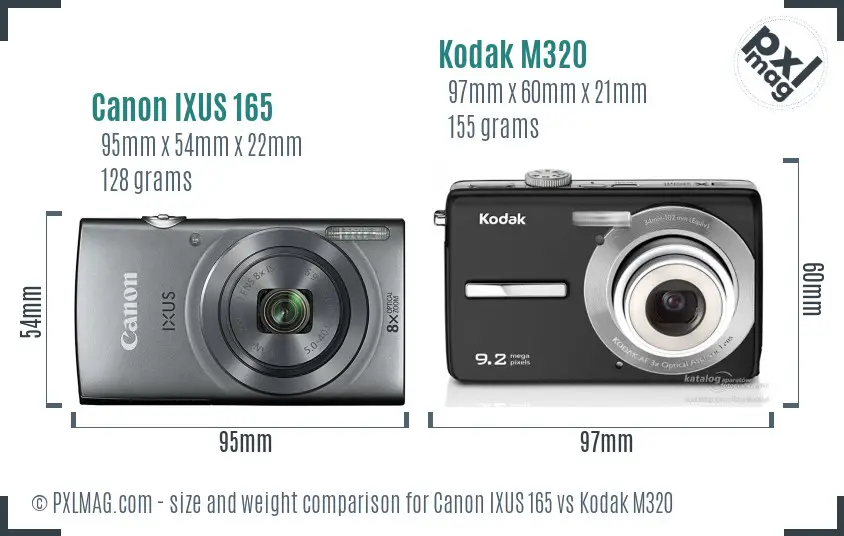 Canon IXUS 165 vs Kodak M320 size comparison