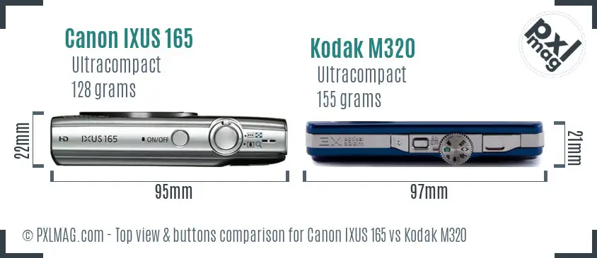 Canon IXUS 165 vs Kodak M320 top view buttons comparison