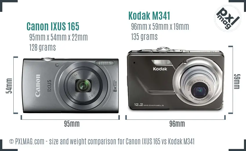 Canon IXUS 165 vs Kodak M341 size comparison