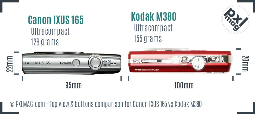 Canon IXUS 165 vs Kodak M380 top view buttons comparison