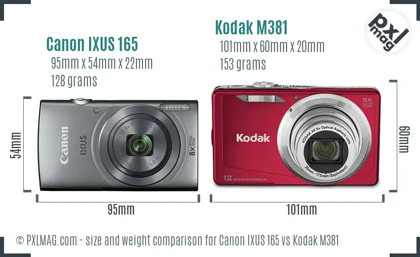 Canon IXUS 165 vs Kodak M381 size comparison