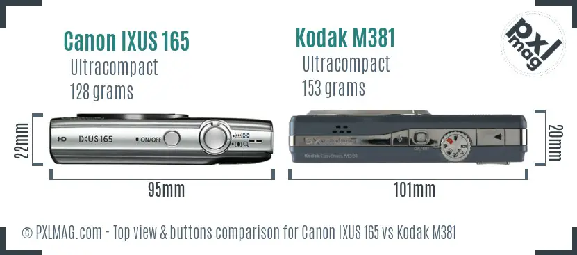 Canon IXUS 165 vs Kodak M381 top view buttons comparison