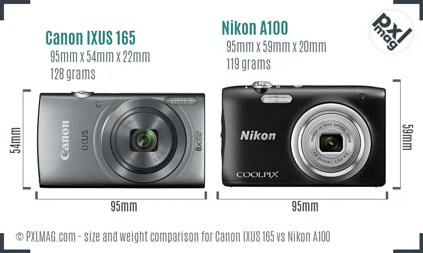 Canon IXUS 165 vs Nikon A100 size comparison