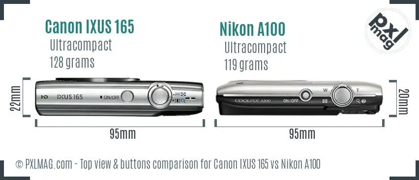 Canon IXUS 165 vs Nikon A100 top view buttons comparison
