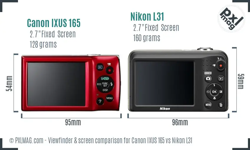 Canon IXUS 165 vs Nikon L31 Screen and Viewfinder comparison