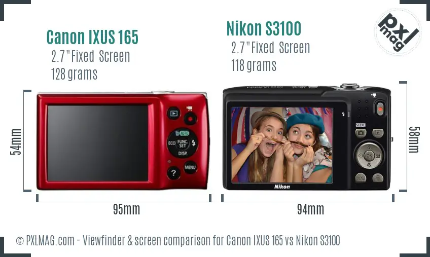 Canon IXUS 165 vs Nikon S3100 Screen and Viewfinder comparison