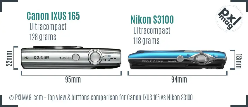 Canon IXUS 165 vs Nikon S3100 top view buttons comparison
