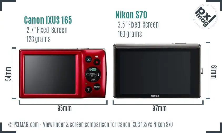 Canon IXUS 165 vs Nikon S70 Screen and Viewfinder comparison