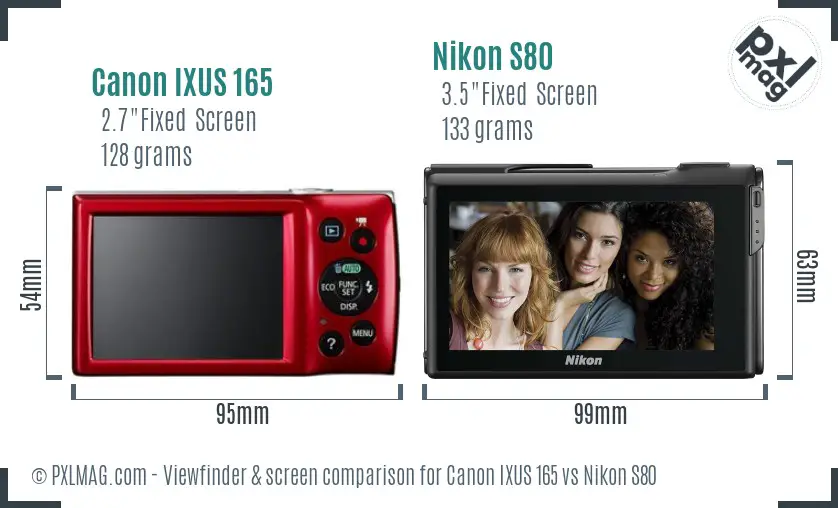 Canon IXUS 165 vs Nikon S80 Screen and Viewfinder comparison