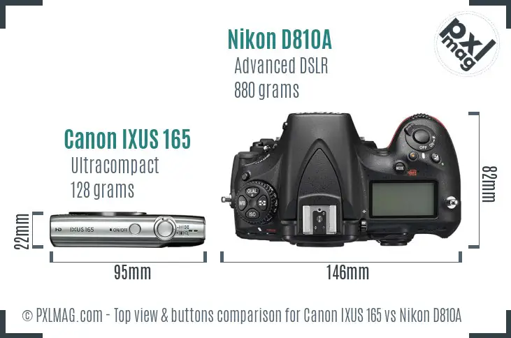 Canon IXUS 165 vs Nikon D810A top view buttons comparison